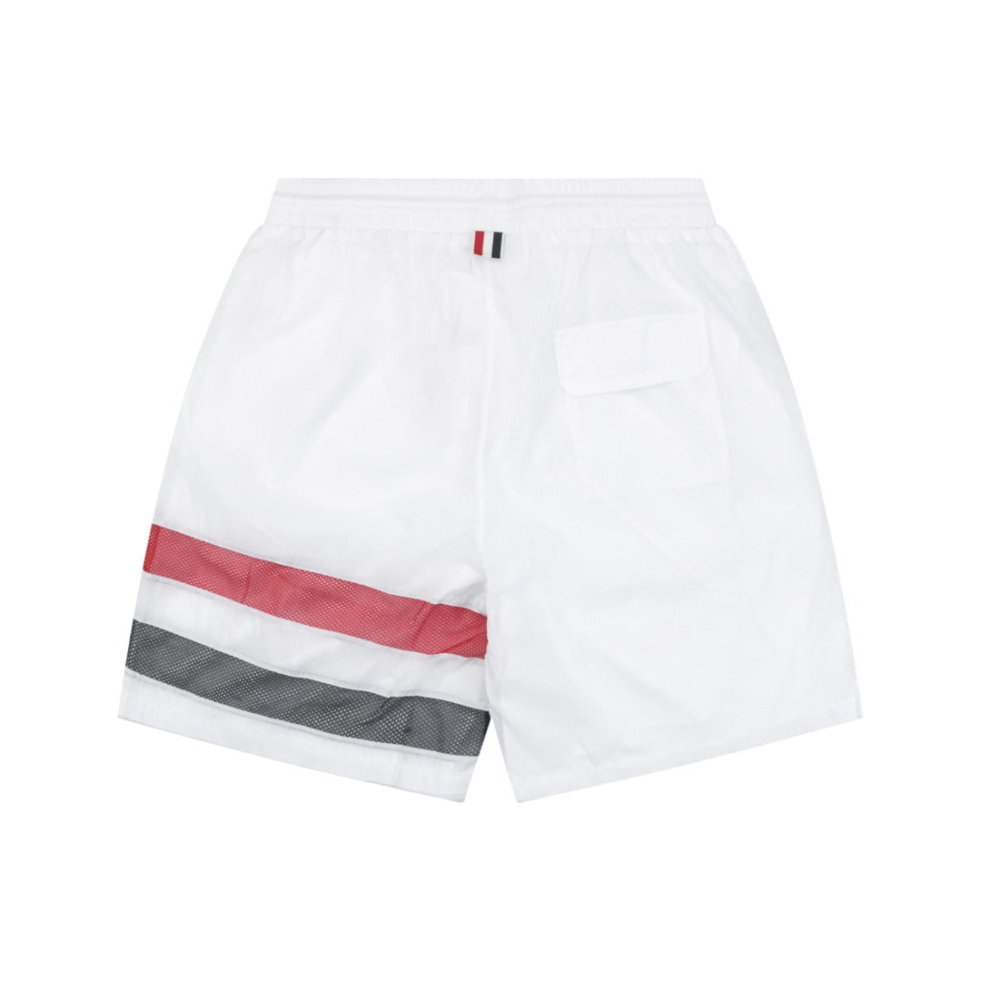Thom Browne RWB Horizontal Satin Mesh Stripe Drawstring Shorts – White