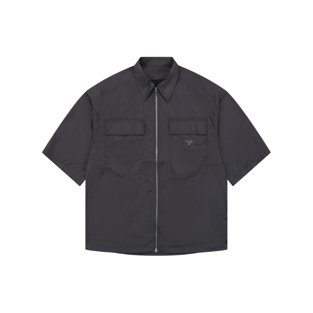 Prada Re-Nylon Zip-Front Dual Chest Pocket Triangle Logo Short Sleeve Shirt – Charcoal