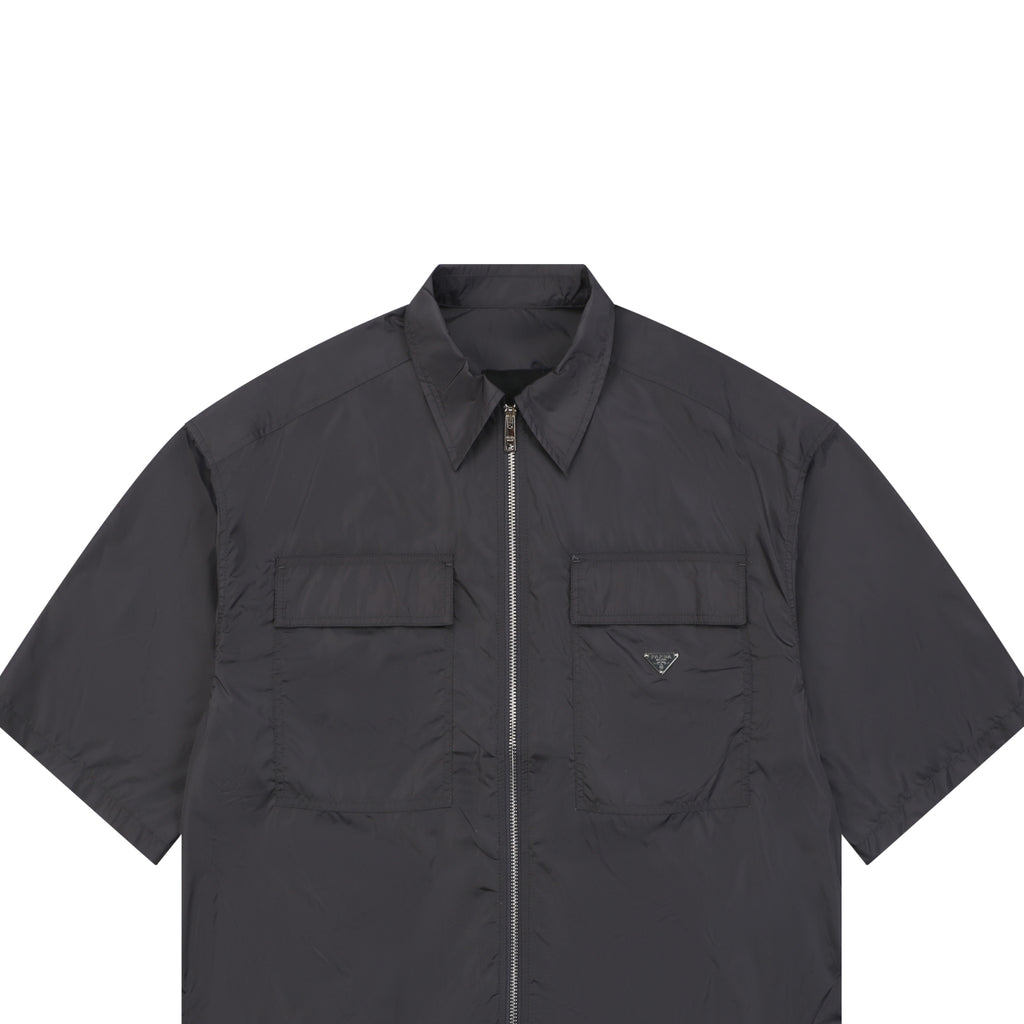 Prada Re-Nylon Zip-Front Dual Chest Pocket Triangle Logo Short Sleeve Shirt – Charcoal