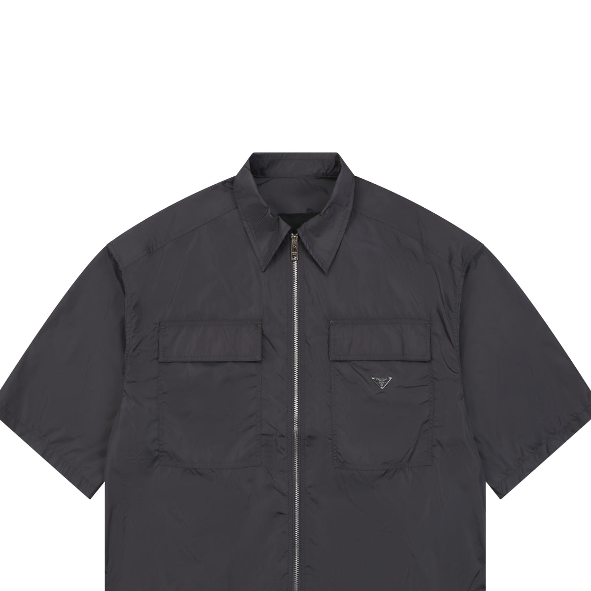Prada Re-Nylon Zip-Front Dual Chest Pocket Triangle Logo Short Sleeve Shirt – Charcoal