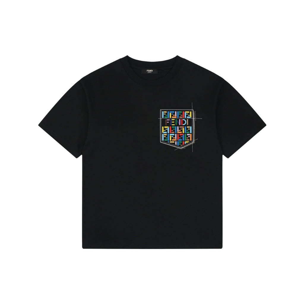 Fendi Dashed Pocket Multicolor FF Monogram Print Short Sleeve Tee – Black