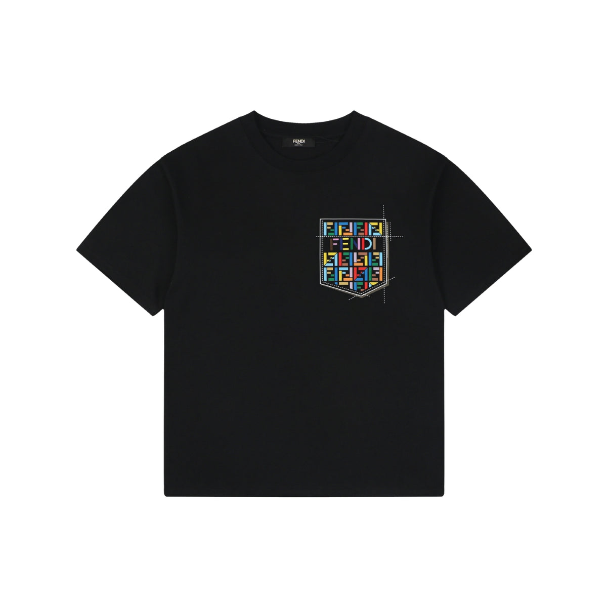Fendi Dashed Pocket Multicolor FF Monogram Print Short Sleeve Tee – Black