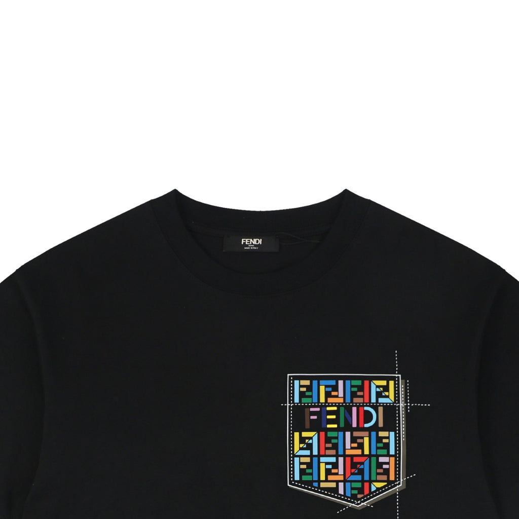 Fendi Dashed Pocket Multicolor FF Monogram Print Short Sleeve Tee – Black