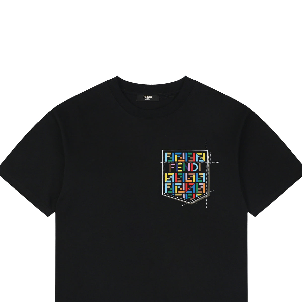 Fendi Dashed Pocket Multicolor FF Monogram Print Short Sleeve Tee – Black