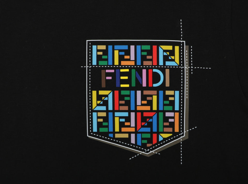 Fendi Dashed Pocket Multicolor FF Monogram Print Short Sleeve Tee – Black