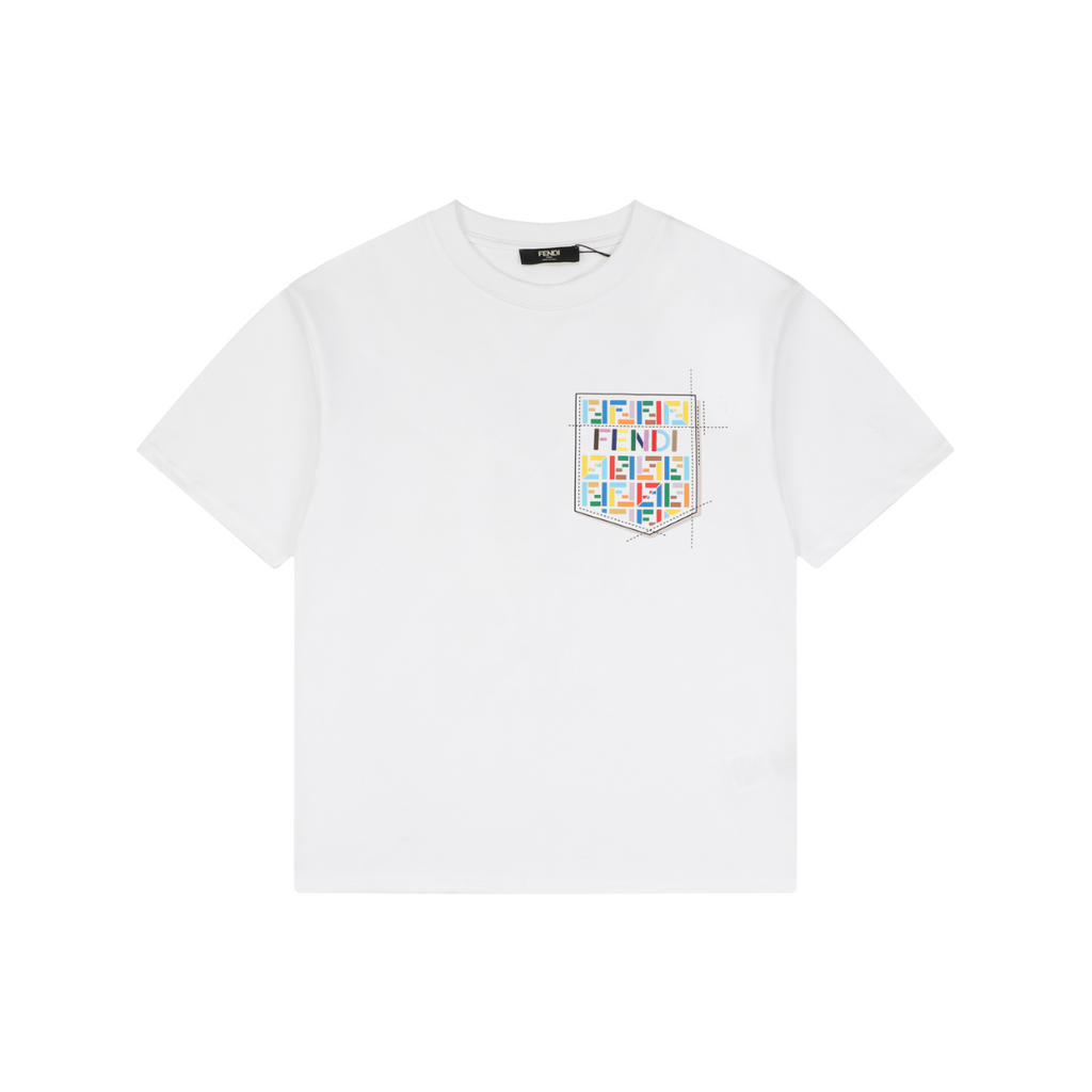 Fendi Trompe-L’Œil Dashed Pocket Multicolor FF Monogram Print Short Sleeve Tee – White