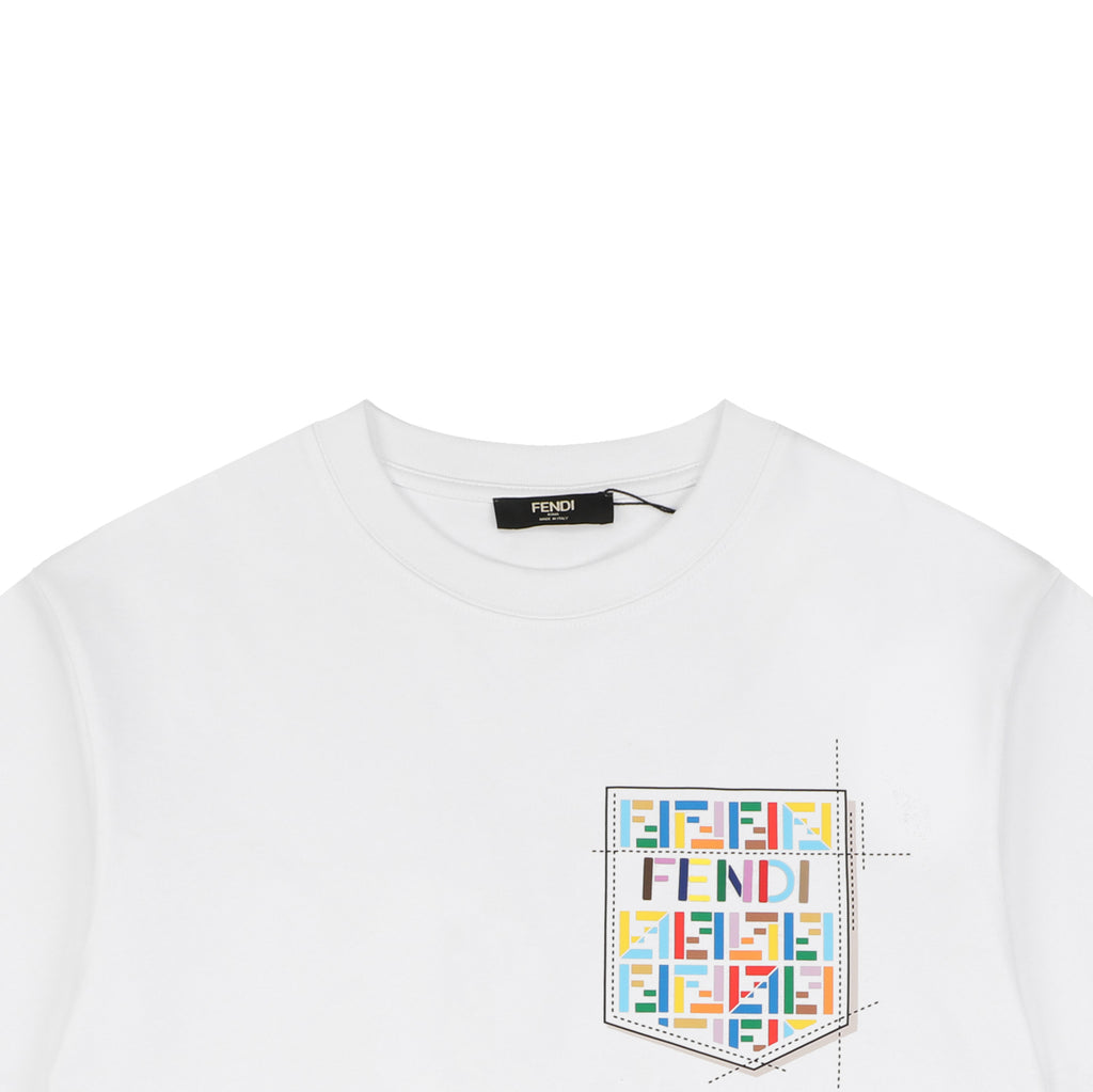 Fendi Trompe-L’Œil Dashed Pocket Multicolor FF Monogram Print Short Sleeve Tee – White