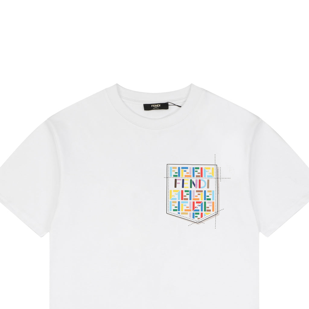Fendi Trompe-L’Œil Dashed Pocket Multicolor FF Monogram Print Short Sleeve Tee – White