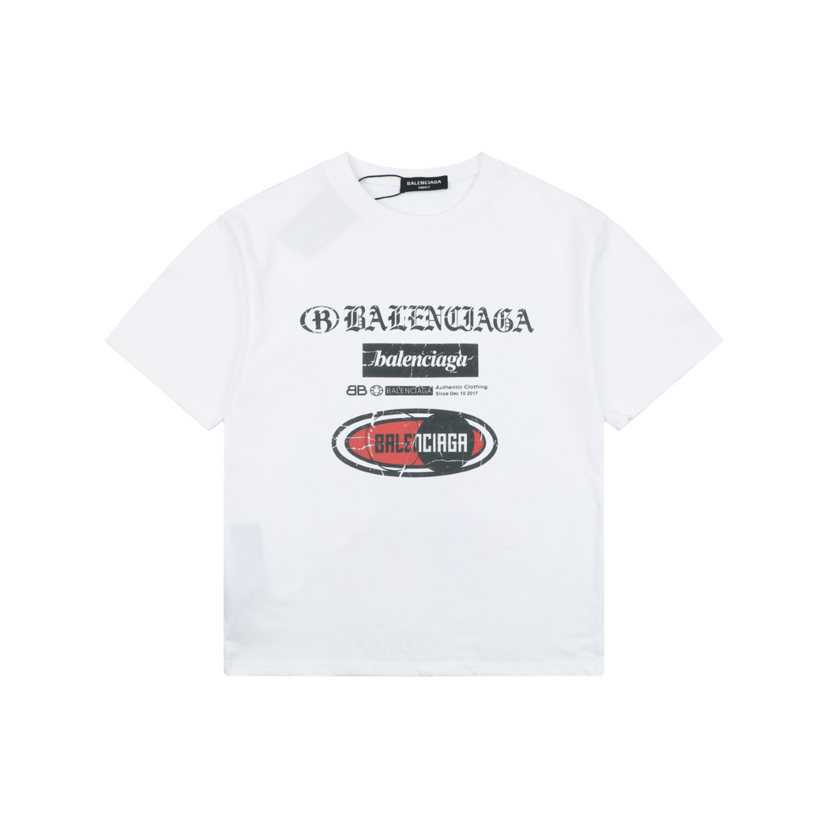 Balenciaga Vintage Multi-Logo Racing Badge Distressed Print Short Sleeve Tee – White