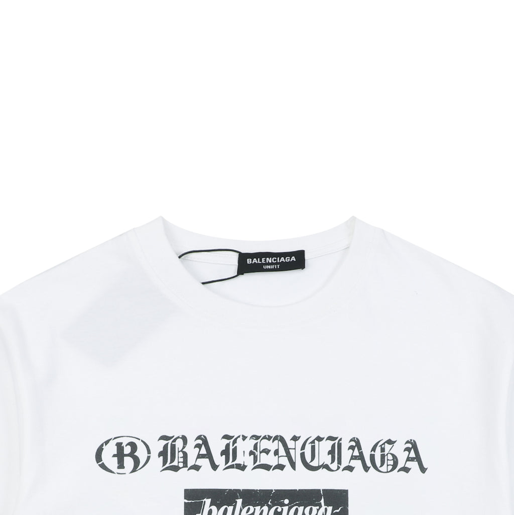 Balenciaga Vintage Multi-Logo Racing Badge Distressed Print Short Sleeve Tee – White