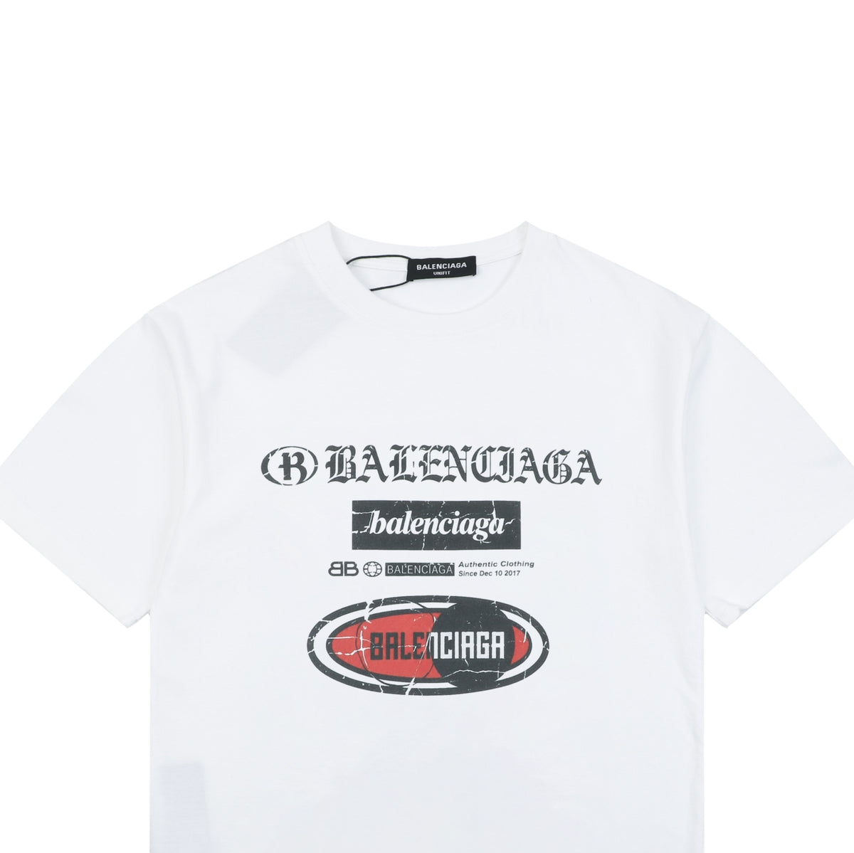 Balenciaga Vintage Multi-Logo Racing Badge Distressed Print Short Sleeve Tee – White
