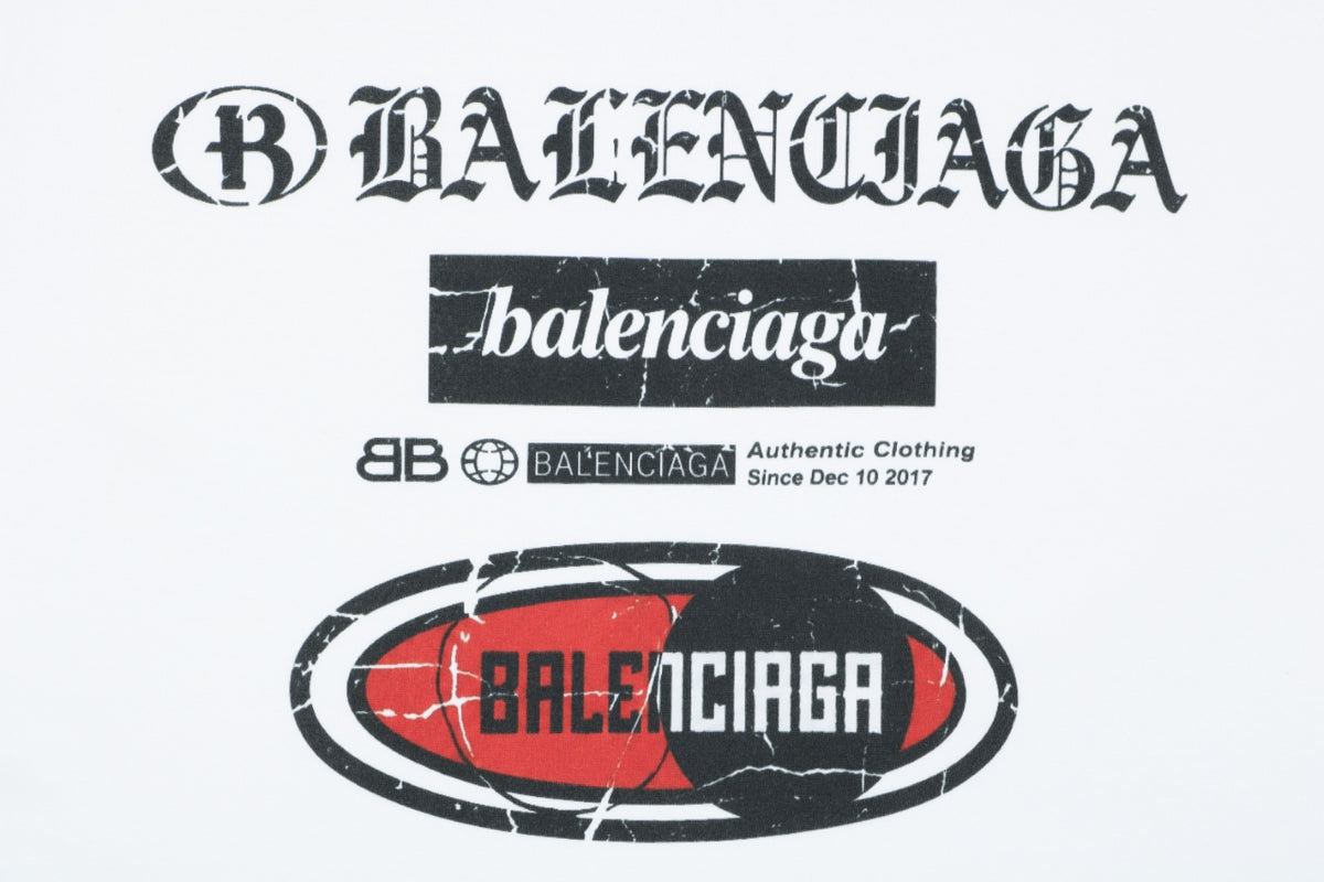 Balenciaga Vintage Multi-Logo Racing Badge Distressed Print Short Sleeve Tee – White