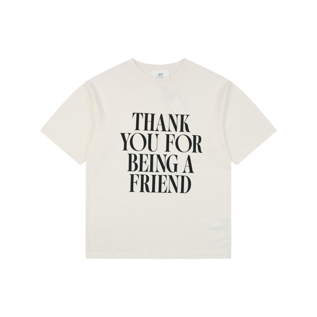 Ami Paris Thank You For Being A Friend Slogan Print Short Sleeve Tee – Ecru