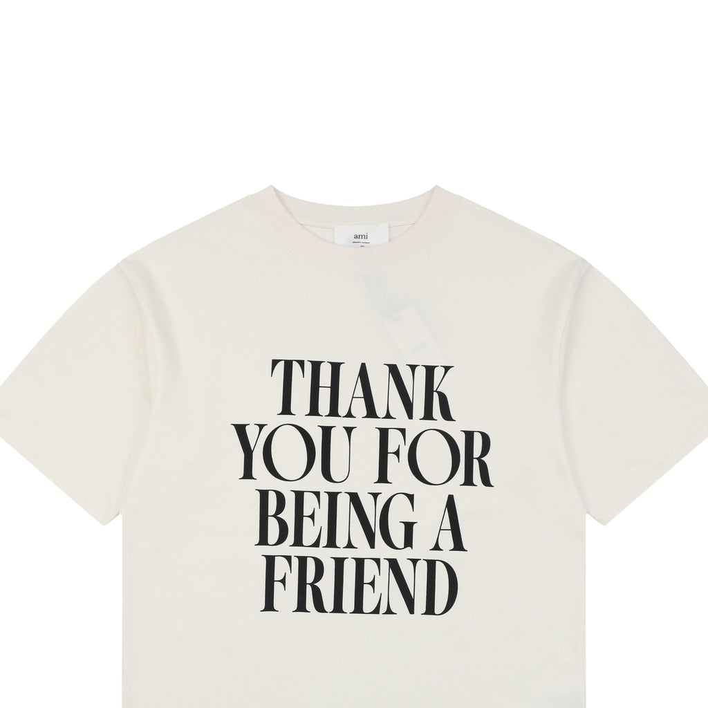 Ami Paris Thank You For Being A Friend Slogan Print Short Sleeve Tee – Ecru