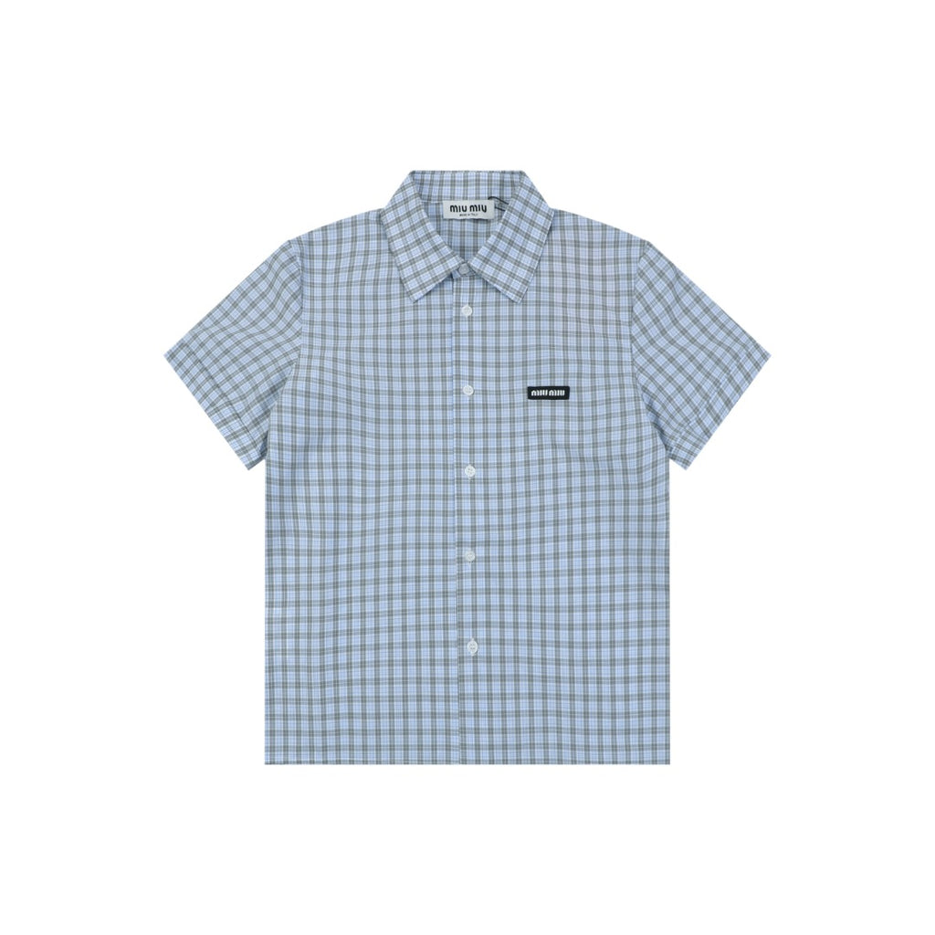 Miu Miu Blue-Grey Fine Check Logo Patch Short Sleeve Shirt