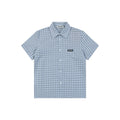 Miu Miu Blue-Grey Fine Check Logo Patch Short Sleeve Shirt