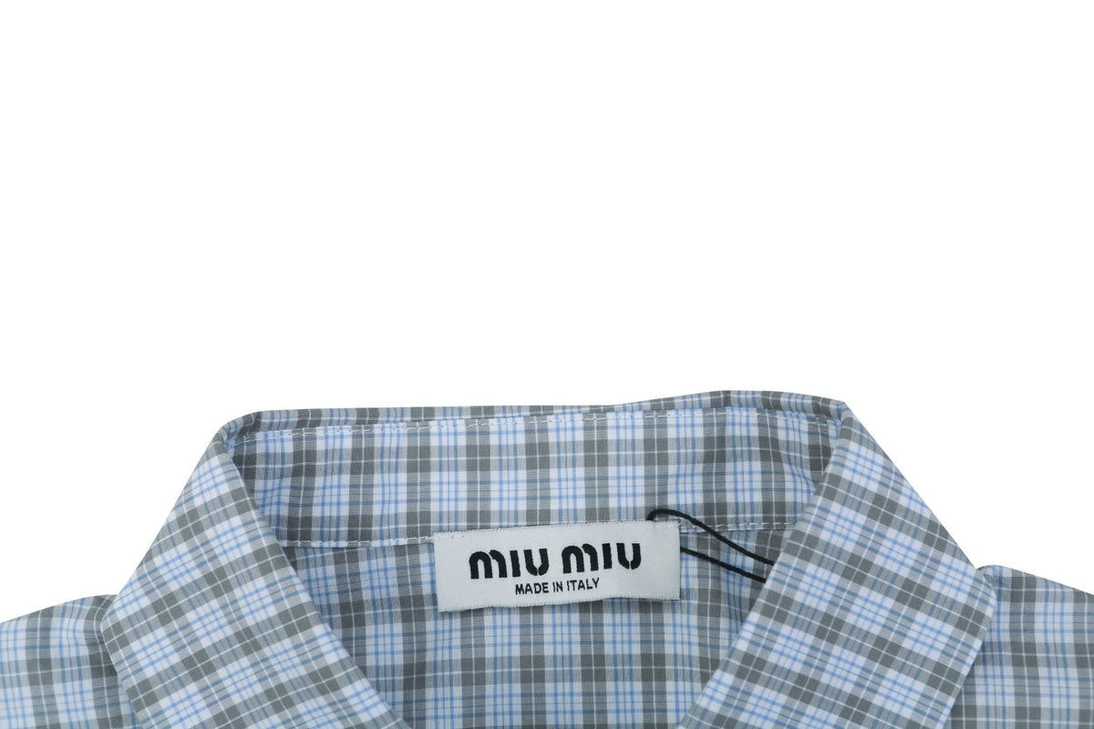Miu Miu Blue-Grey Fine Check Logo Patch Short Sleeve Shirt