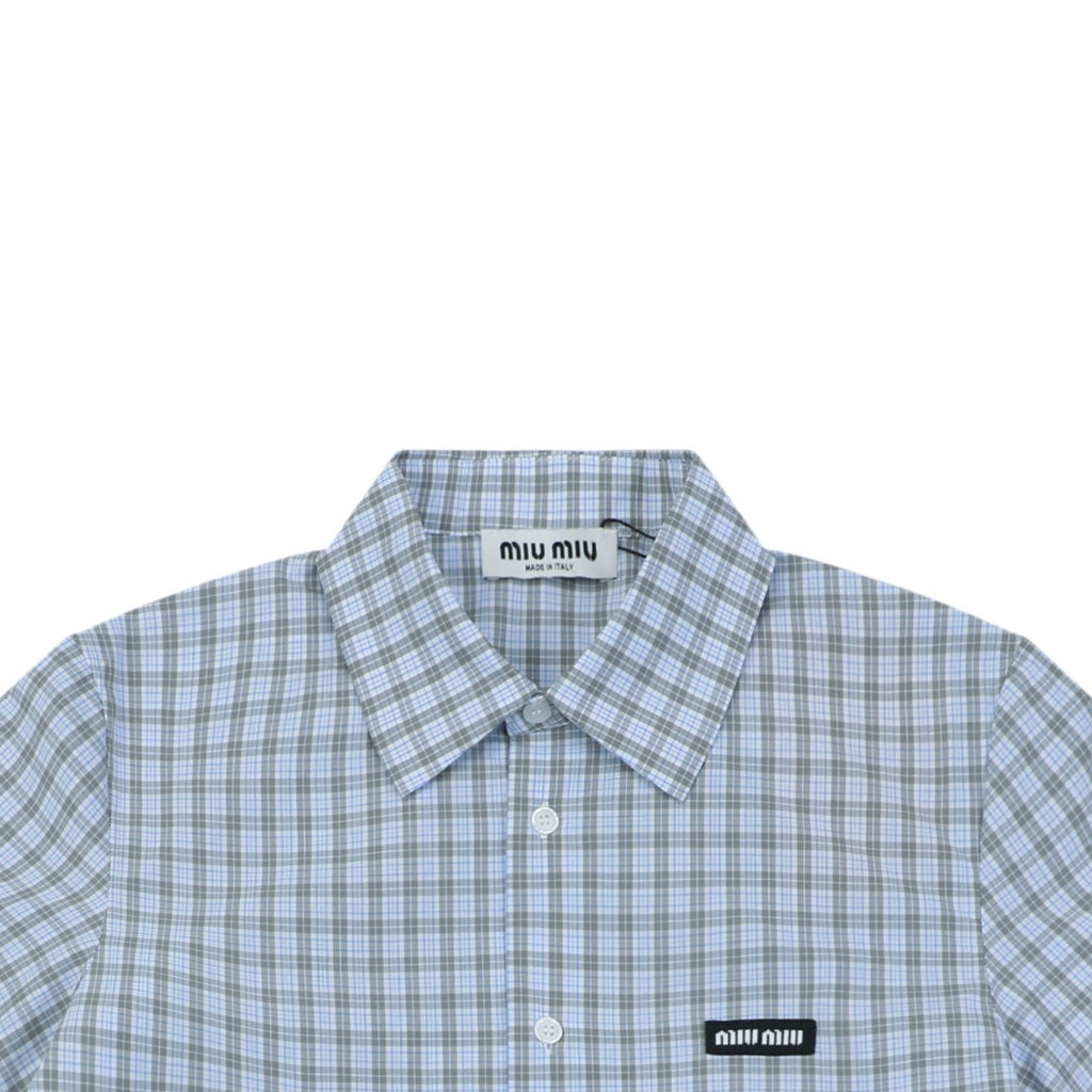 Miu Miu Blue-Grey Fine Check Logo Patch Short Sleeve Shirt