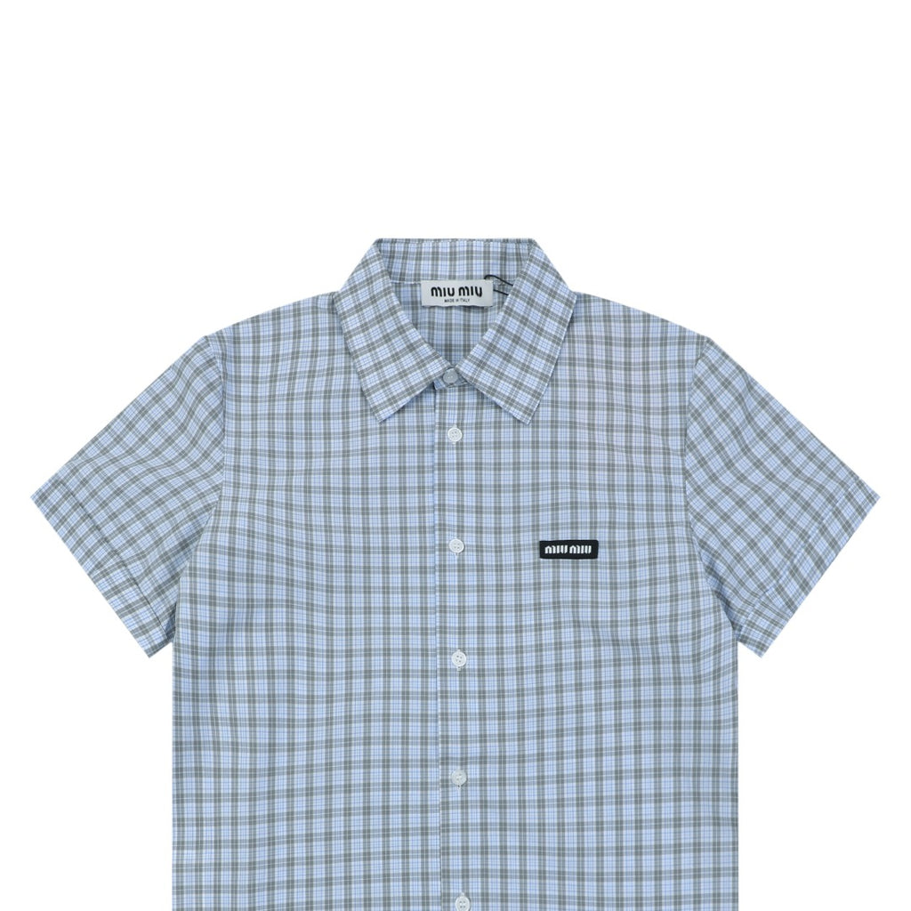 Miu Miu Blue-Grey Fine Check Logo Patch Short Sleeve Shirt