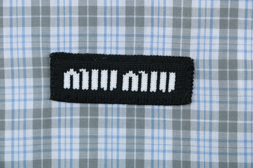 Miu Miu Blue-Grey Fine Check Logo Patch Short Sleeve Shirt