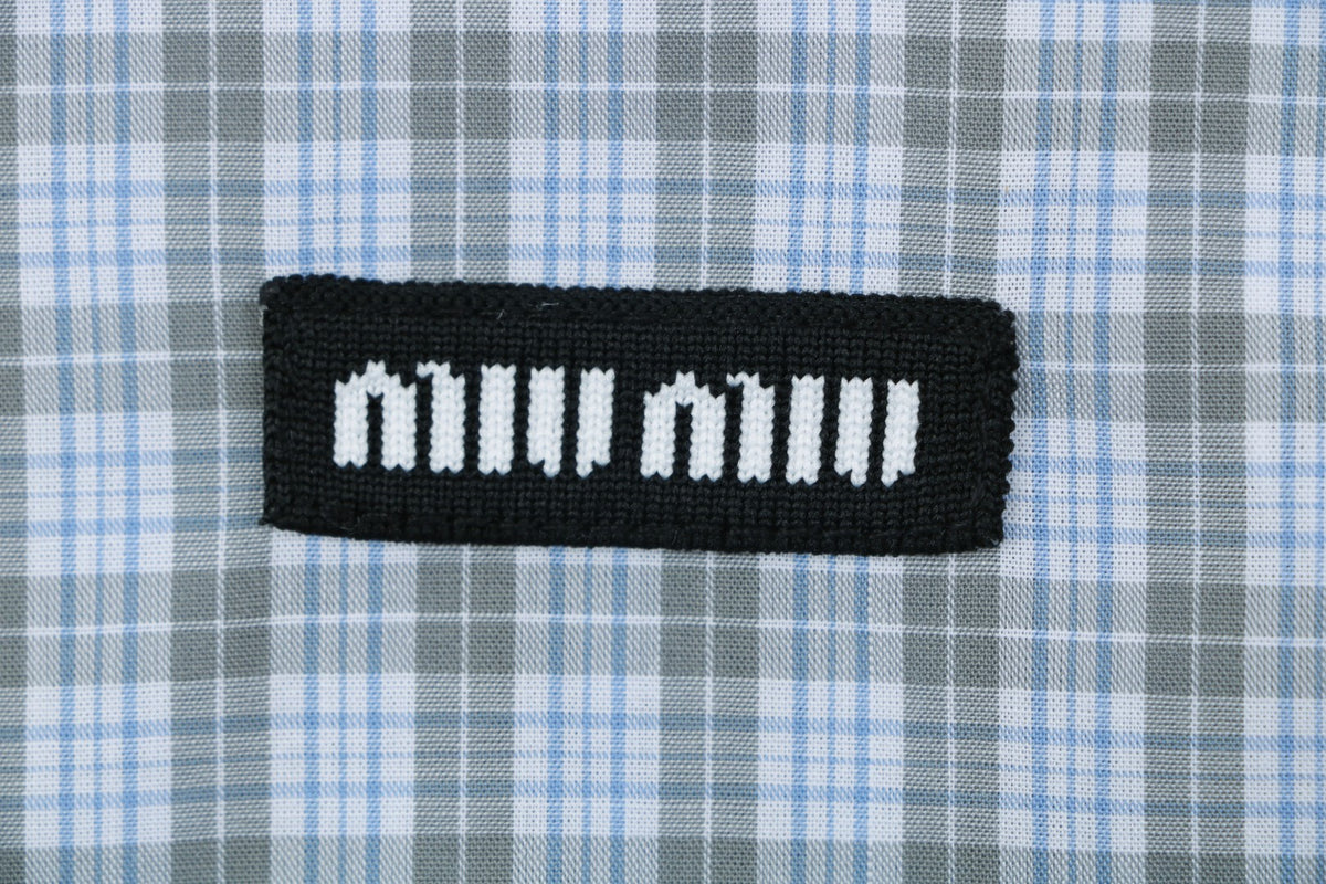 Miu Miu Blue-Grey Fine Check Logo Patch Short Sleeve Shirt