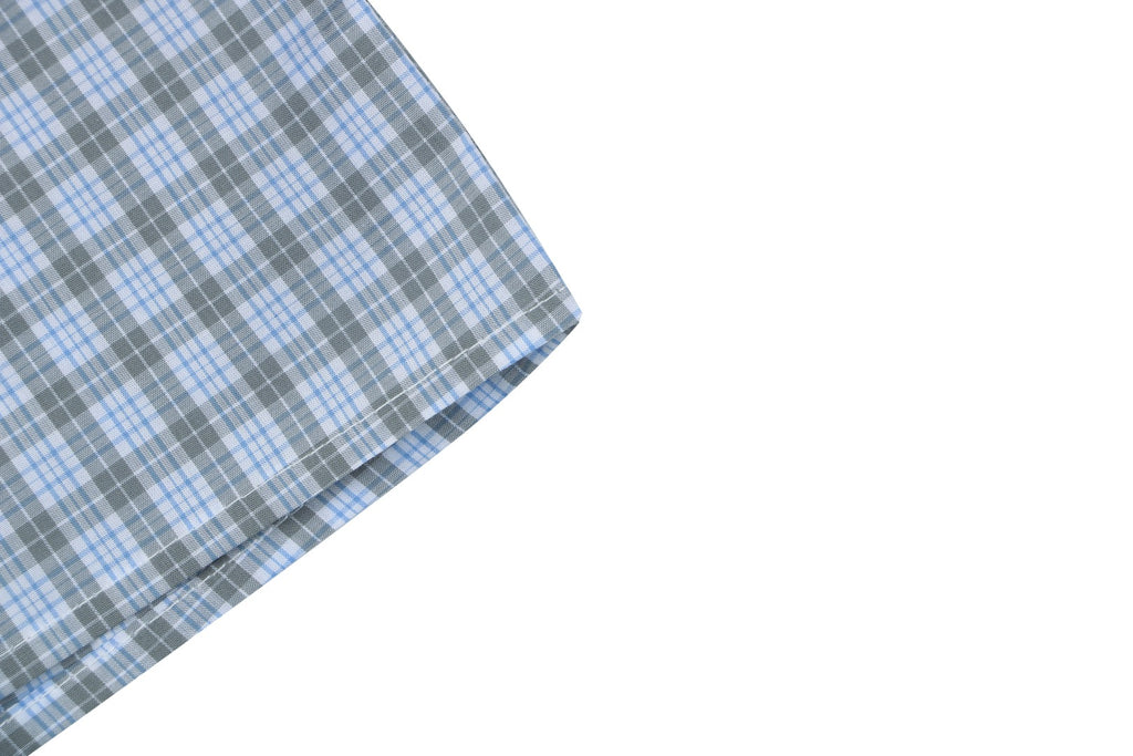 Miu Miu Blue-Grey Fine Check Logo Patch Short Sleeve Shirt