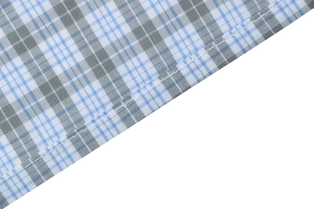 Miu Miu Blue-Grey Fine Check Logo Patch Short Sleeve Shirt