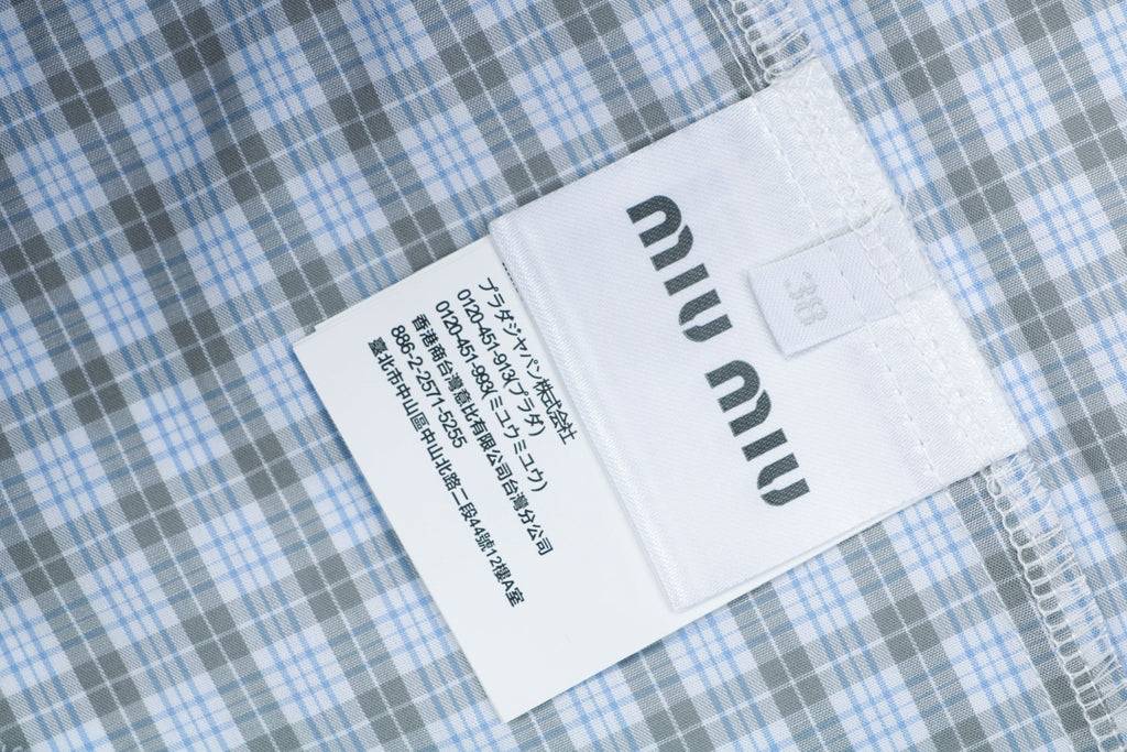 Miu Miu Blue-Grey Fine Check Logo Patch Short Sleeve Shirt