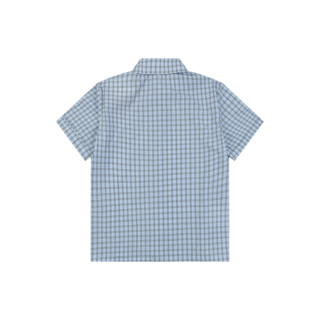 Miu Miu Blue-Grey Fine Check Logo Patch Short Sleeve Shirt