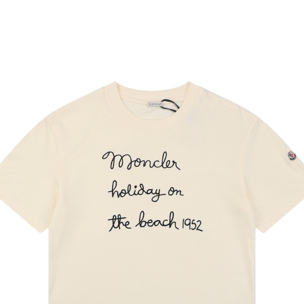 Moncler Holiday On The Beach 1952 Script Embroidered Short Sleeve Tee – Ecru