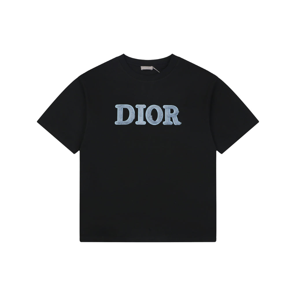 Dior DIOR Velvet Chenille Wordmark Embroidered Short Sleeve Tee – Black