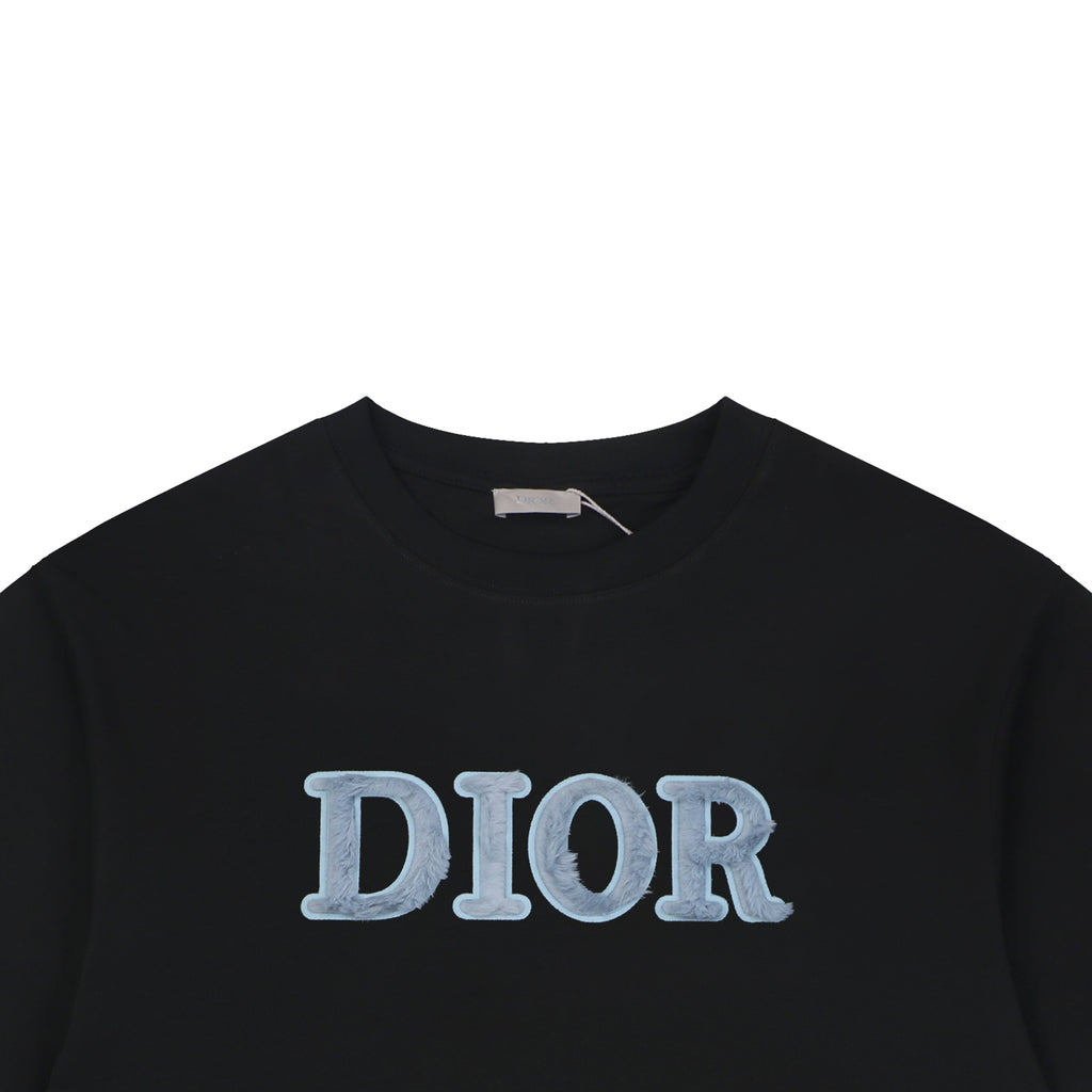 Dior DIOR Velvet Chenille Wordmark Embroidered Short Sleeve Tee – Black
