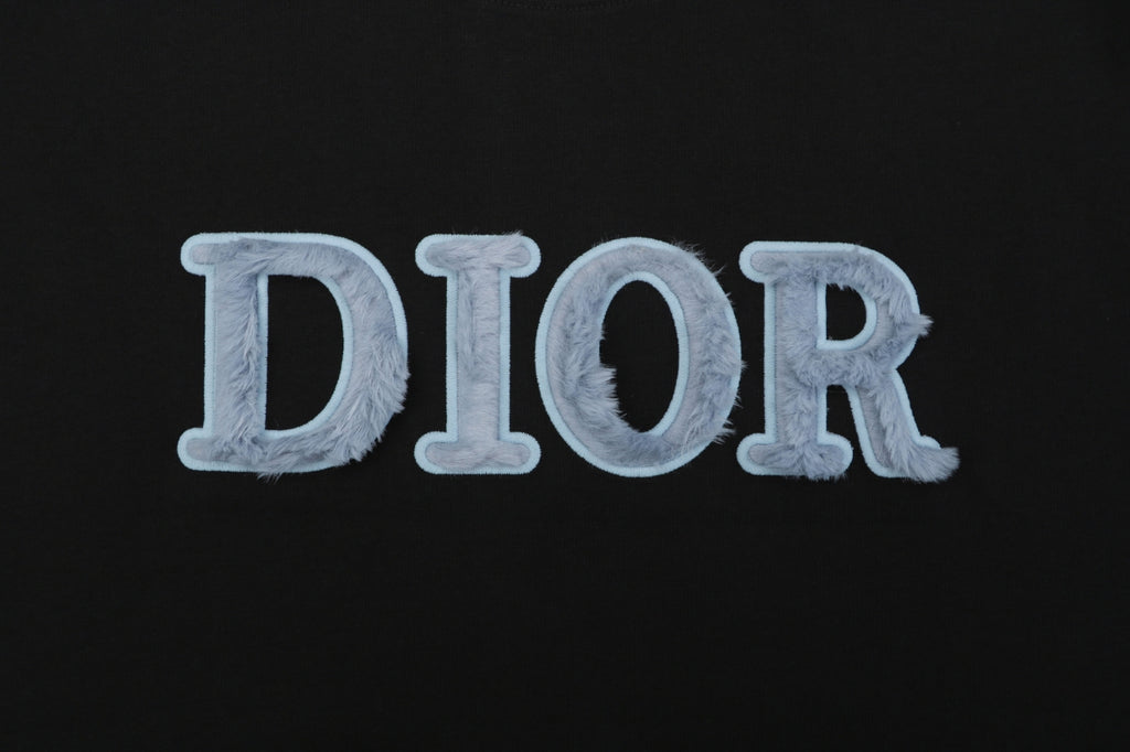 Dior DIOR Velvet Chenille Wordmark Embroidered Short Sleeve Tee – Black