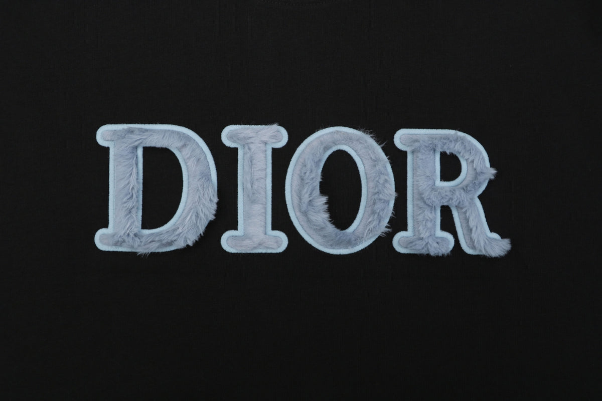 Dior DIOR Velvet Chenille Wordmark Embroidered Short Sleeve Tee – Black