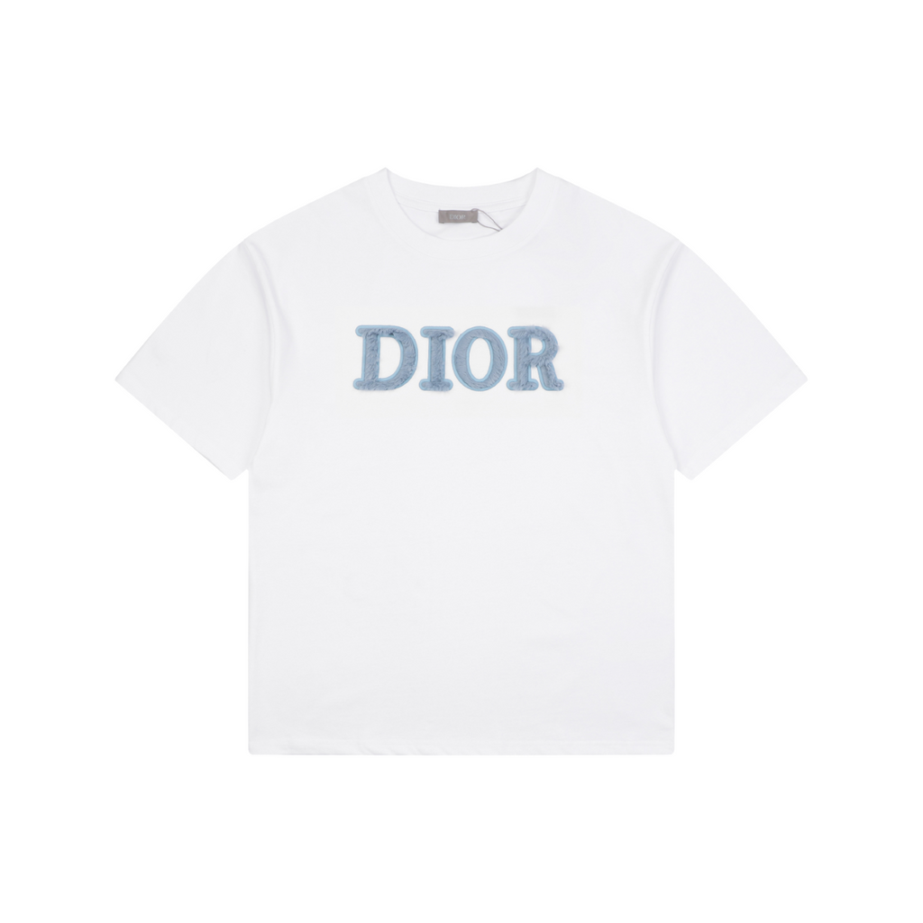 Dior DIOR Powder Blue Chenille Letter Embroidered Short Sleeve Tee – White