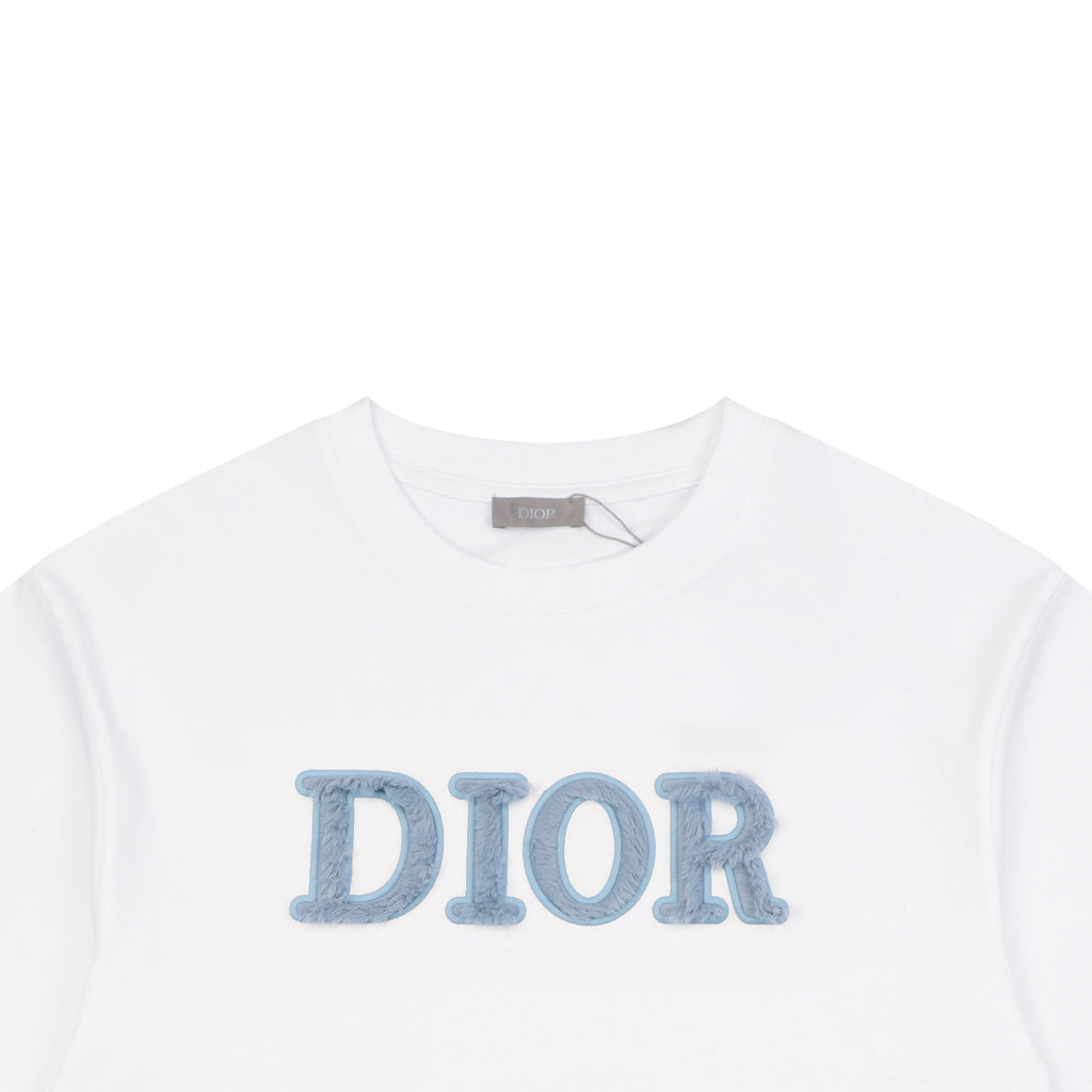 Dior DIOR Powder Blue Chenille Letter Embroidered Short Sleeve Tee – White