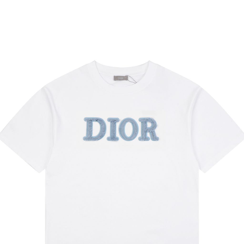 Dior DIOR Powder Blue Chenille Letter Embroidered Short Sleeve Tee – White