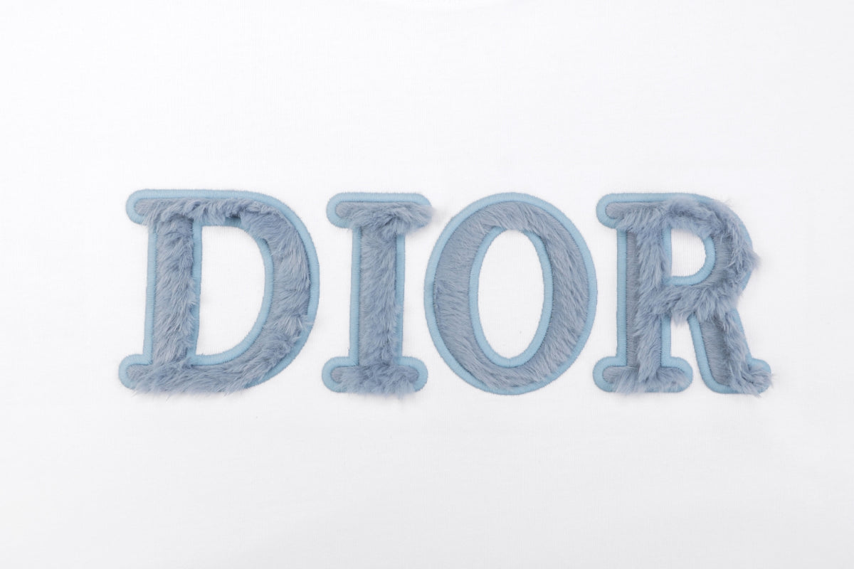 Dior DIOR Powder Blue Chenille Letter Embroidered Short Sleeve Tee – White