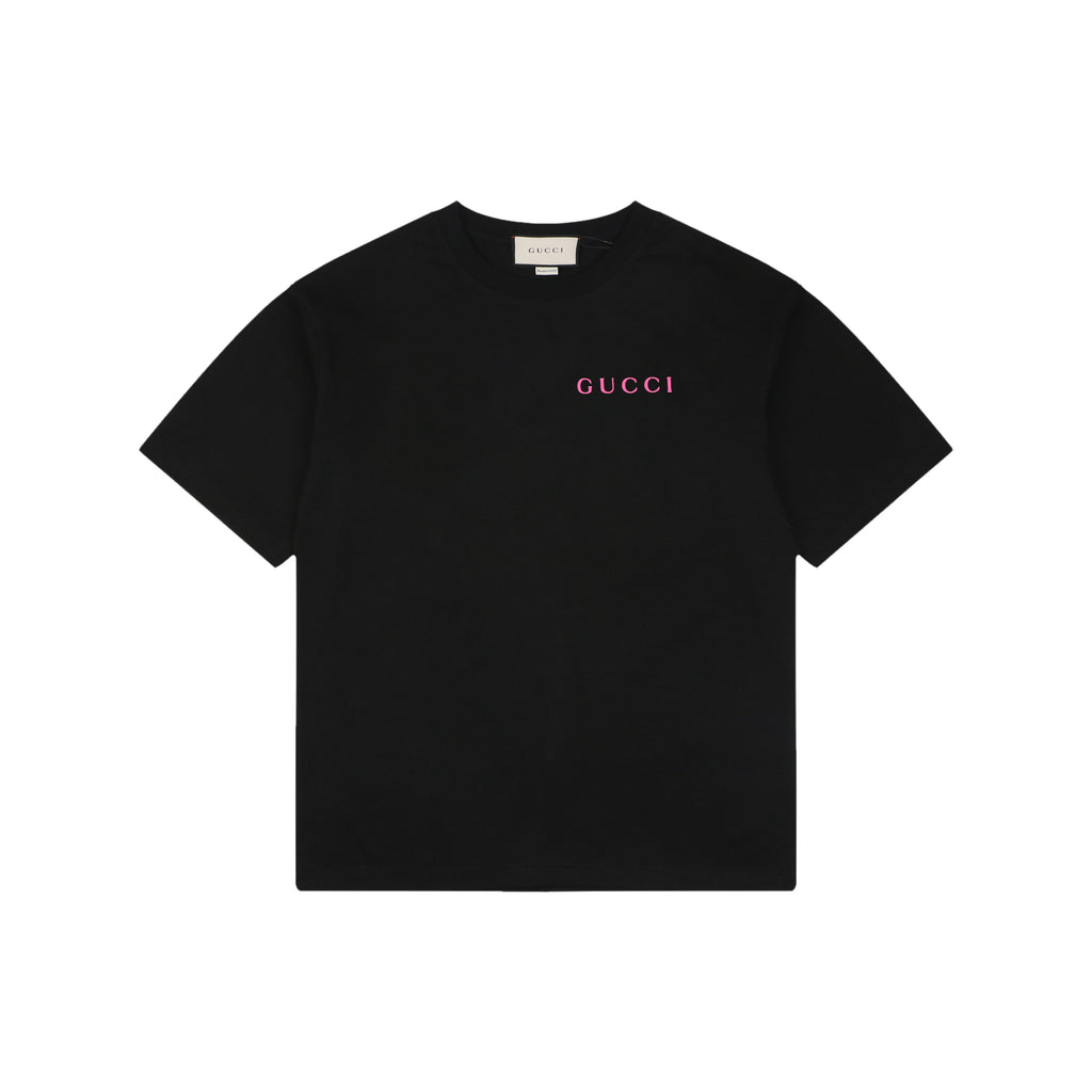 Gucci Rose Pink Serif Wordmark Print Short Sleeve Tee – Black