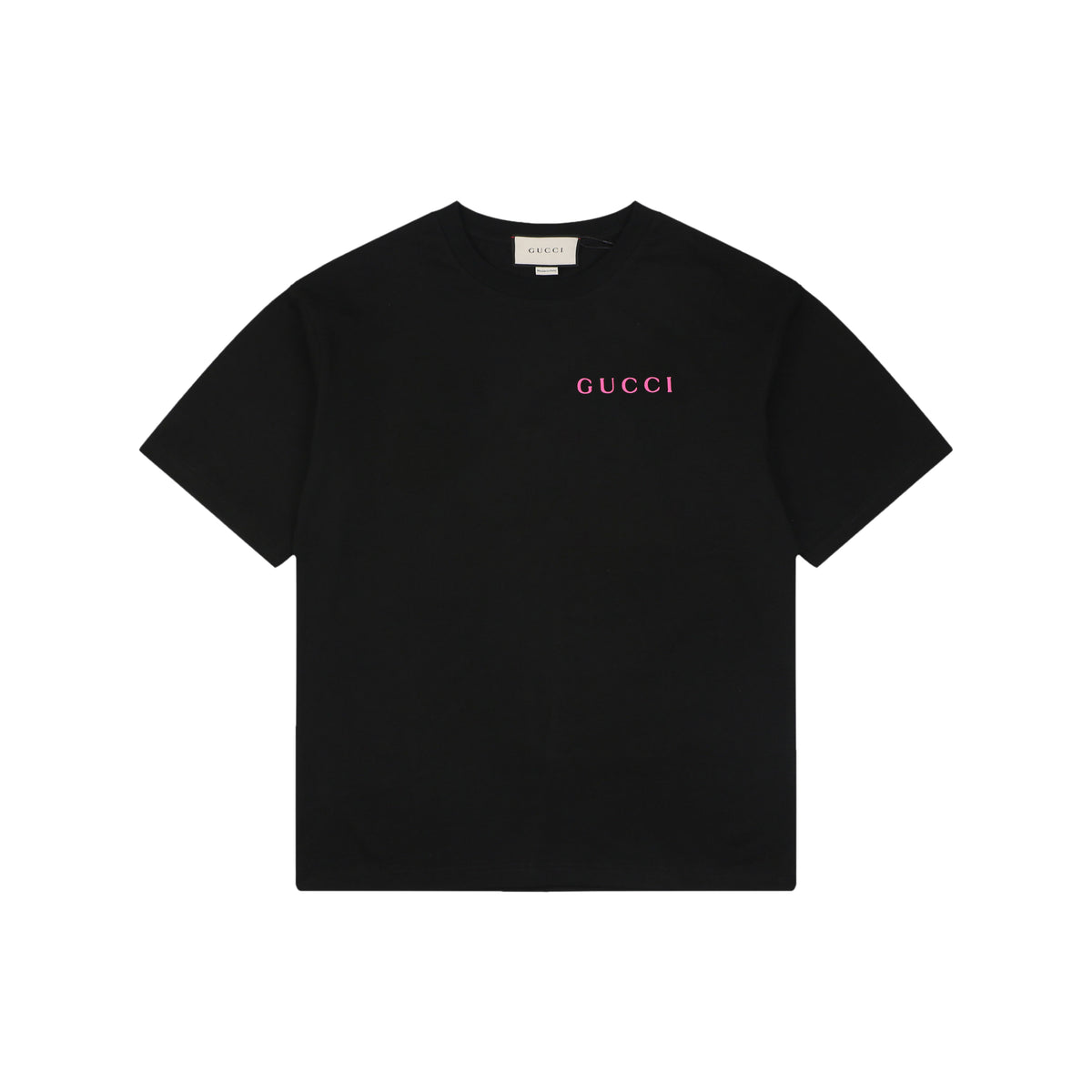 Gucci Rose Pink Serif Wordmark Print Short Sleeve Tee – Black