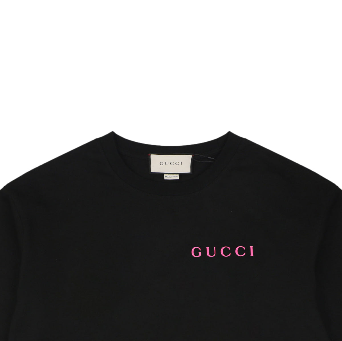 Gucci Rose Pink Serif Wordmark Print Short Sleeve Tee – Black