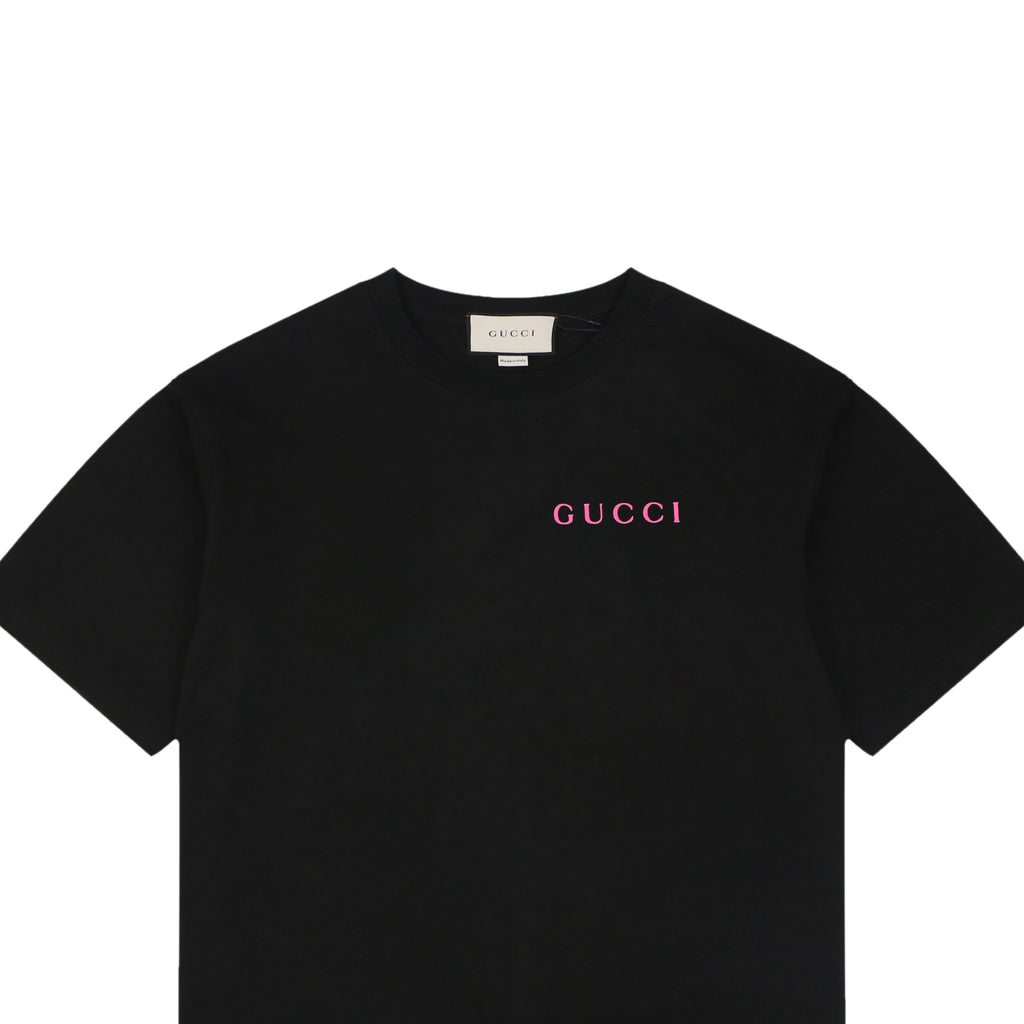 Gucci Rose Pink Serif Wordmark Print Short Sleeve Tee – Black