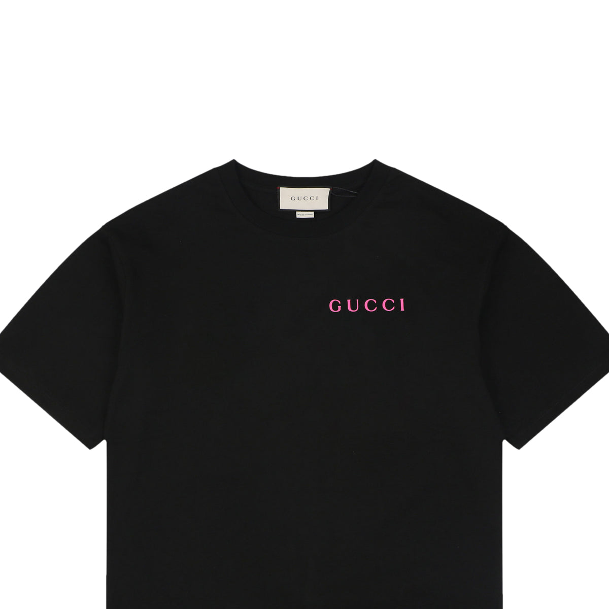 Gucci Rose Pink Serif Wordmark Print Short Sleeve Tee – Black