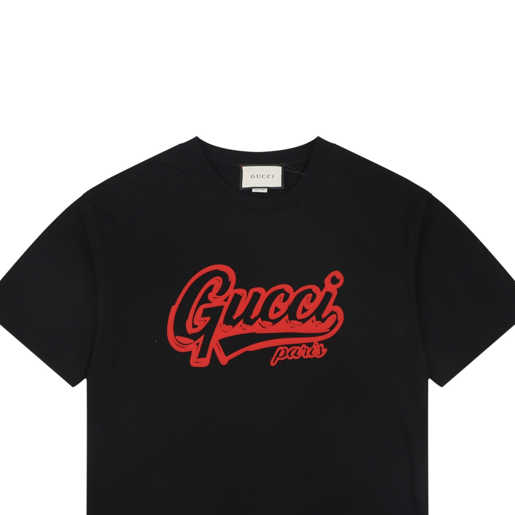 Gucci Paris Varsity Script Red Black Embroidered Short Sleeve Tee – Black