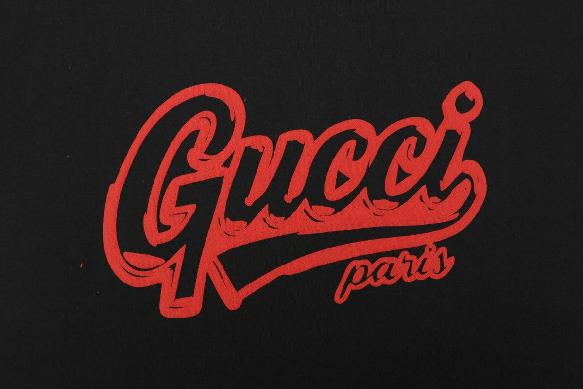 Gucci Paris Varsity Script Red Black Embroidered Short Sleeve Tee – Black