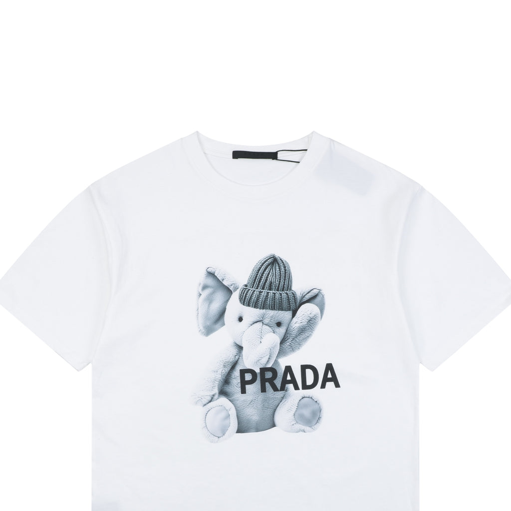 Prada Beanie Elephant Graphic Print Short Sleeve Tee – White