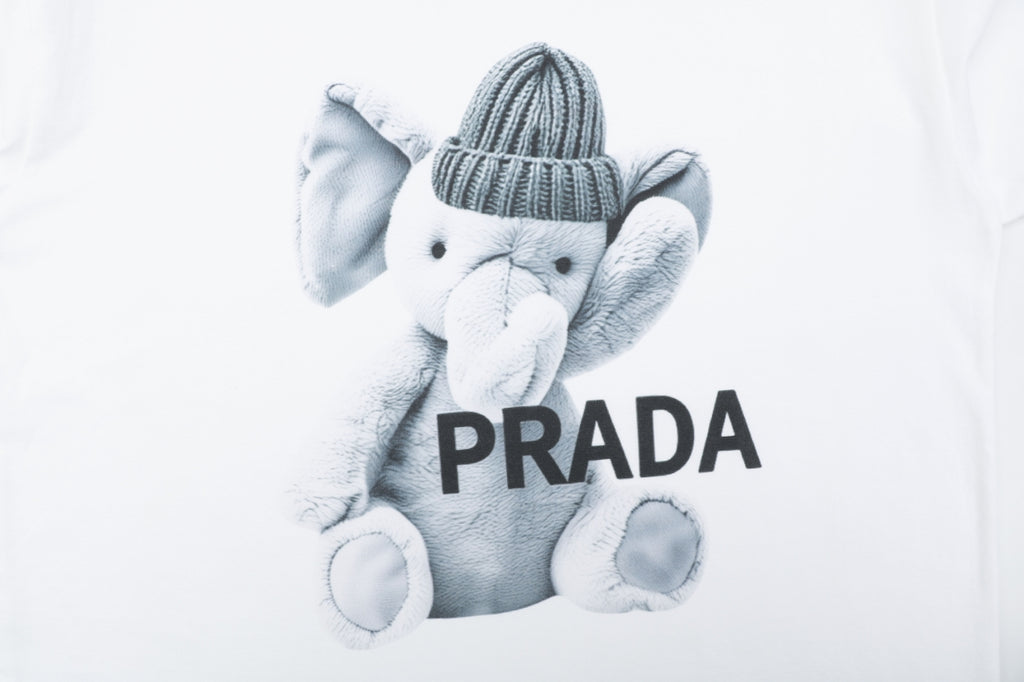 Prada Beanie Elephant Graphic Print Short Sleeve Tee – White