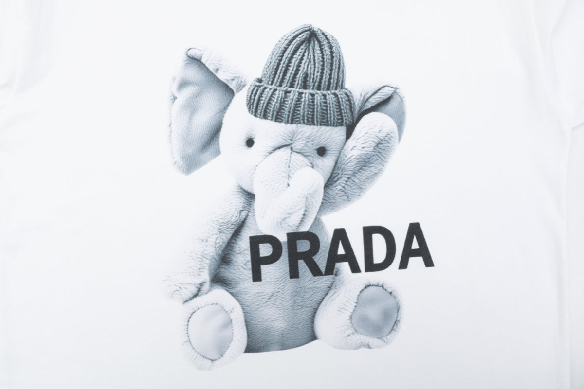 Prada Beanie Elephant Graphic Print Short Sleeve Tee – White