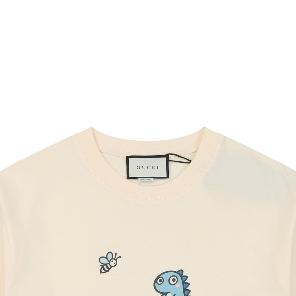 Gucci Whimsical Dinosaur Bee Illustrated Wordmark Print Short Sleeve Tee – Ecru