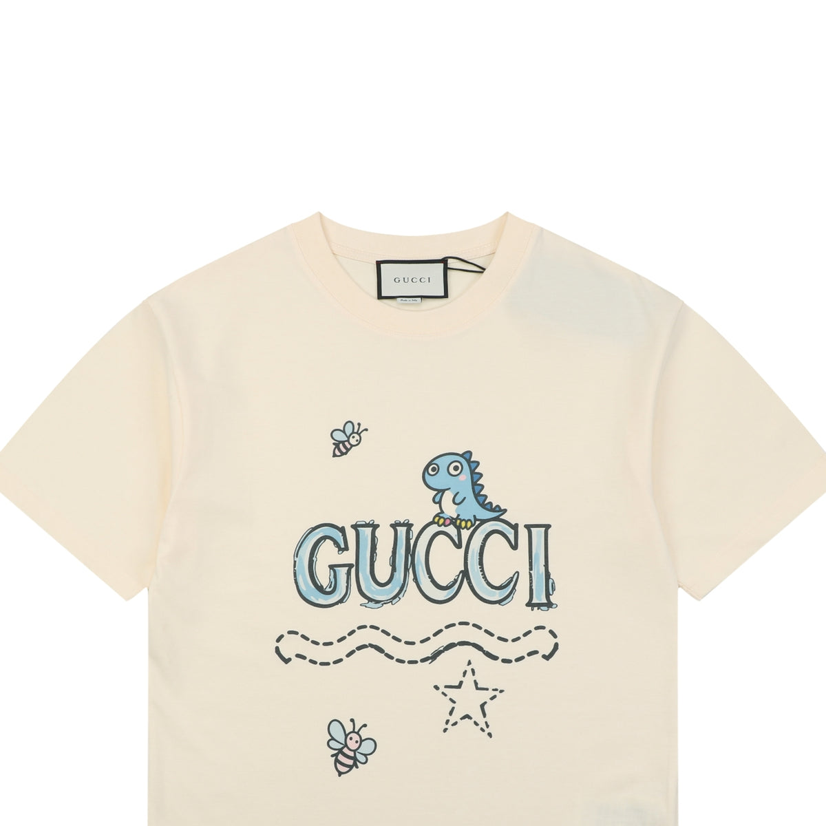 Gucci Whimsical Dinosaur Bee Illustrated Wordmark Print Short Sleeve Tee – Ecru